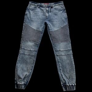 Guess Los Angeles Men's Moto Biker Acid Wash Denim Jogger Pants Sz 34x30 #199